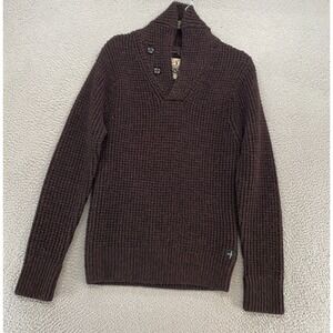 Relwen Sweater Mens Small Shawl Collar 100% Wool Knit Waffle Thermal Brown